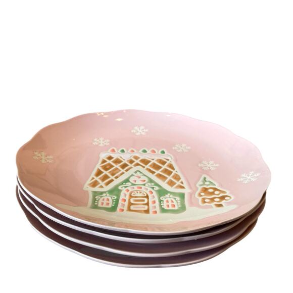 4 Eli + Ana PINK GINGERBREAD HOUSE Dinner Plates 10.5in Ceramic Pinkmas NEW - Picture 5 of 12